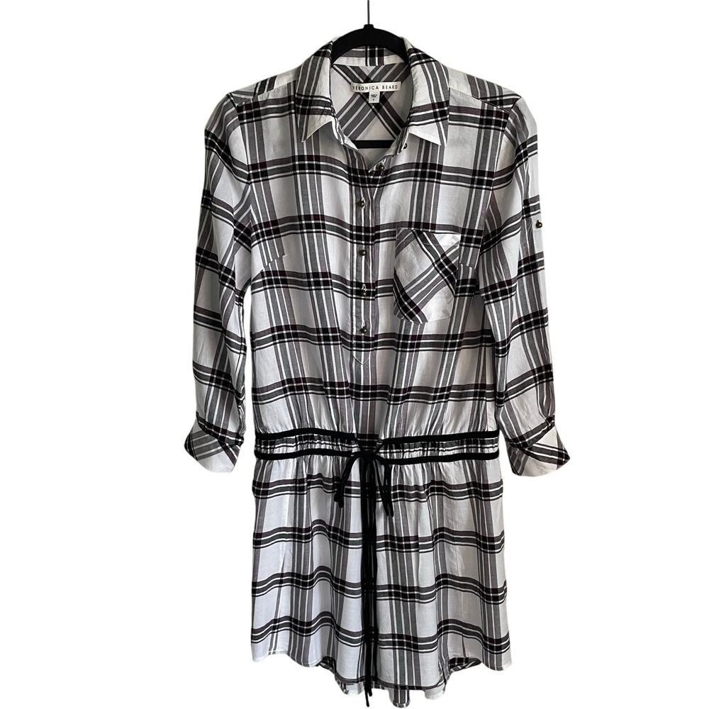 Veronica Beard Shirt Dress Marcy Plaid Sz 4 Tie Waist Convertible Sleeve Preppy